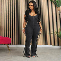 Sexy Slim Fitting Short Sleeve Tassel Jumpsuit NY-7339