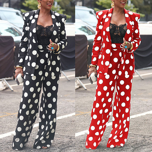 Dot Printed Worksuit Cardigan Coat Wide Leg Pants Set NY-10638