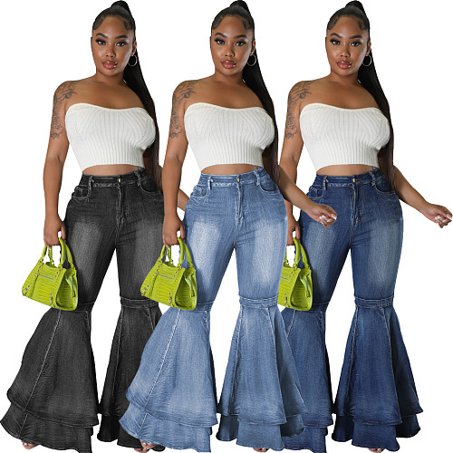 Wide Leg Denim Stretch Big Flared Pants HSF-2645