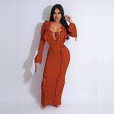Front Bandage Lotus Collar Slim Long Sleeve Maxi Dress NY-7340