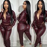 Hooded Casual Sportswear Leather Jacket Tight Pants Set AIL-255