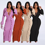 Front Bandage Lotus Collar Slim Long Sleeve Maxi Dress NY-7340