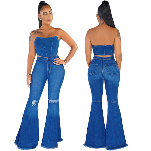Knee Ripped Denim Flared Pants HSF-2024