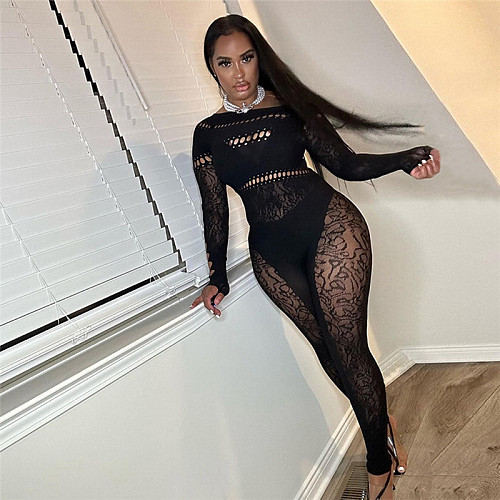 Hollow Knitted High Waist Tight Long Sleeve Jumpsuit SXE-W23Q38029