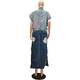 Women Patchwork Sleeveless Half Open Collar Long Denim Coat CM-8696