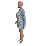 Women's DenimTassel Single-breasted Ripped Long Sleeve Jacket Coat LX-3562