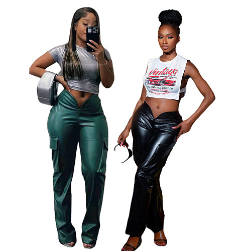 Casual Women Low-waistline Pockets PU Leather Pants MEM-88529