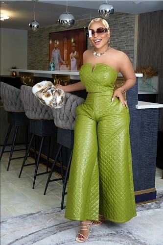 Leather Strapless Wrap Top Two Pieces Pants Set RC-3219