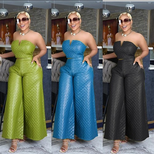 Leather Strapless Wrap Top Two Pieces Pants Set RC-3219