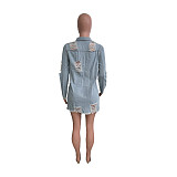 Women's DenimTassel Single-breasted Ripped Long Sleeve Jacket Coat LX-3562