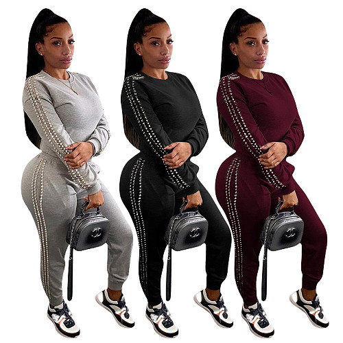 Bead Decorated Solid Round Neck 2 Pieces Set DNY-2257