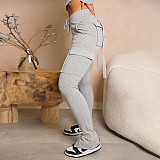 Solid Tight Drawstring Multi Pockets Split Pants WSM-5355-2