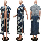 Women Patchwork Sleeveless Half Open Collar Long Denim Coat CM-8696