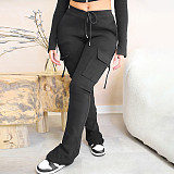 Solid Tight Drawstring Multi Pockets Split Pants WSM-5355-2
