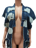 Women Patchwork Sleeveless Half Open Collar Long Denim Coat CM-8696