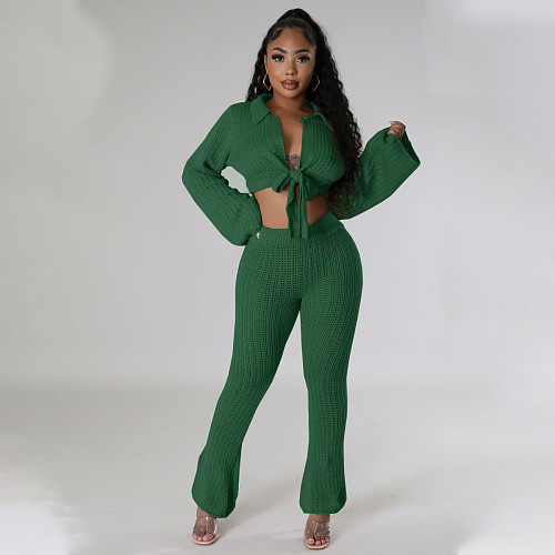Women Solid Color Knitted Flared Pants Two Pieces Suits YS-870