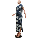 Women Patchwork Sleeveless Half Open Collar Long Denim Coat CM-8696