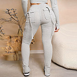 Solid Tight Drawstring Multi Pockets Split Pants WSM-5355-2