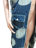 Women Patchwork Sleeveless Half Open Collar Long Denim Coat CM-8696
