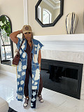 Women Patchwork Sleeveless Half Open Collar Long Denim Coat CM-8696