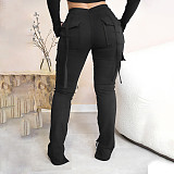 Solid Tight Drawstring Multi Pockets Split Pants WSM-5355-2
