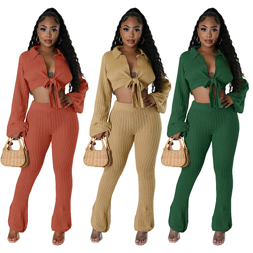 Women Solid Color Knitted Flared Pants Two Pieces Suits YS-870