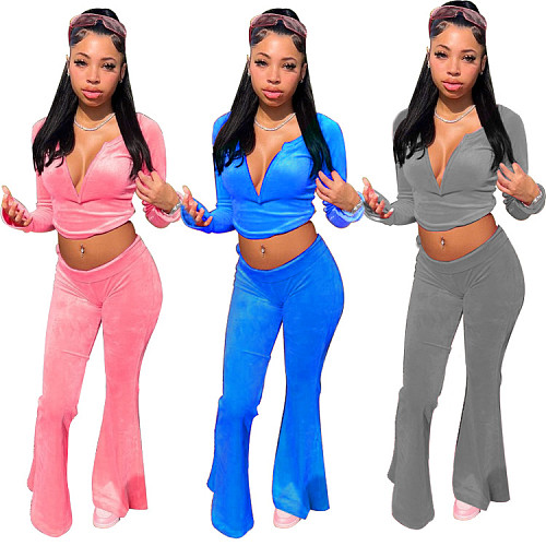 V-neck Crop Top Flared Pants Casual Two-piece Set RC-3215