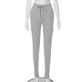 Solid Tight Drawstring Multi Pockets Split Pants WSM-5355-2