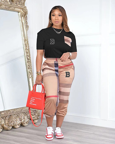 Women Stripes Printed Short Sleeves Casual Two Piece Sets OQ-0271