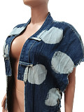 Women Patchwork Sleeveless Half Open Collar Long Denim Coat CM-8696