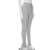 Solid Tight Drawstring Multi Pockets Split Pants WSM-5355-2