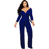 Long Sleeved Solid V-neck Tight Jumpsuit RS-7006