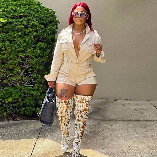 Denim Pockets Long Sleeve Fashion Short Jumpsuit YNS-2617