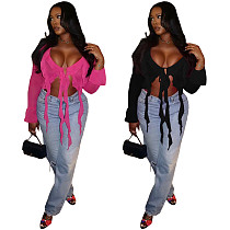 V-neck Lace Up Pure Long Sleeved Base Shirt YNS-2619