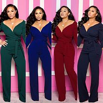 Long Sleeved Solid V-neck Tight Jumpsuit RS-7006