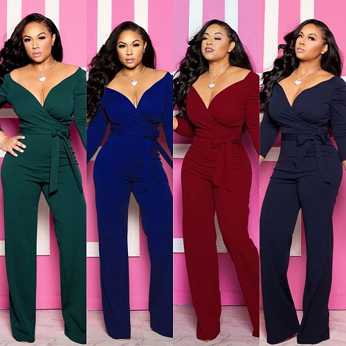 Long Sleeved Solid V-neck Tight Jumpsuit RS-7006