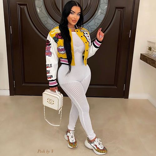 Double Layered Threaded Print Baseball Jacket YNS-2618