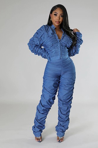 Blue Stacked Jacket Winter Leisure Pants Suits RS-8047