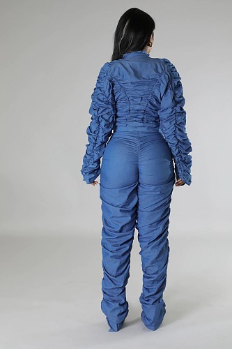 Blue Stacked Jacket Winter Leisure Pants Suits RS-8047