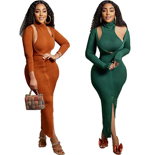 Turtleneck Halter Crop Top Long Sleeve Dress Set ZAND-31263