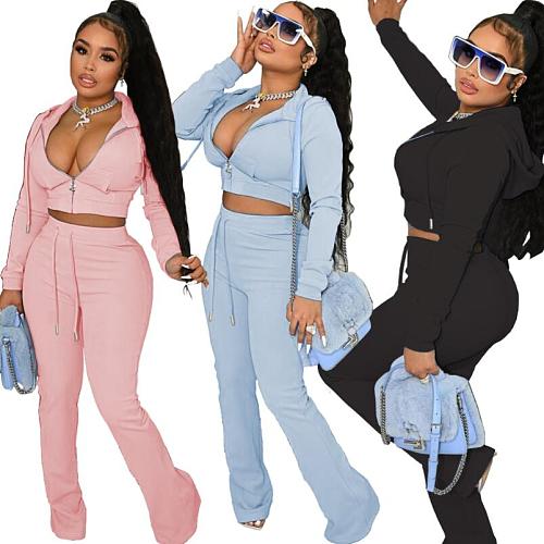 Casual Women Solid Color Hoodies And Flared Pants 2 Pieces Set MEI-9317