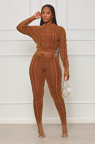 Crew Neck Long Sleeve Sweater Crop Top Winter Set FDY-8051