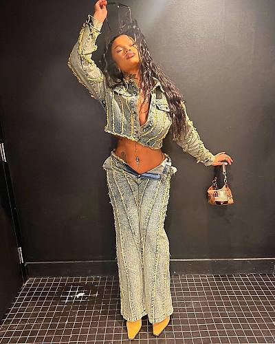 Leisure Women Long Sleeves Tassel Denim Long Pants Suits MEM-88526