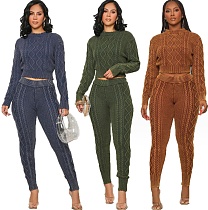 Crew Neck Long Sleeve Sweater Crop Top Winter Set FDY-8051
