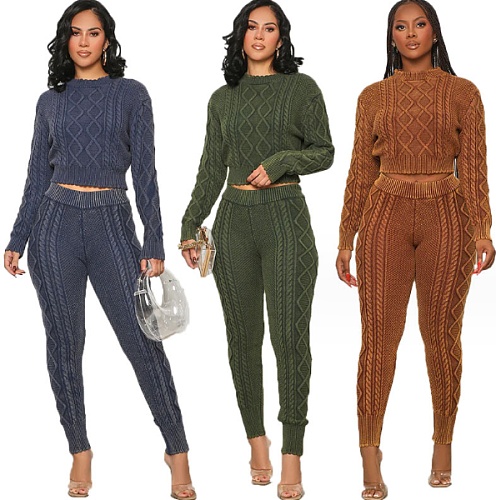 Crew Neck Long Sleeve Sweater Crop Top Winter Set FDY-8051