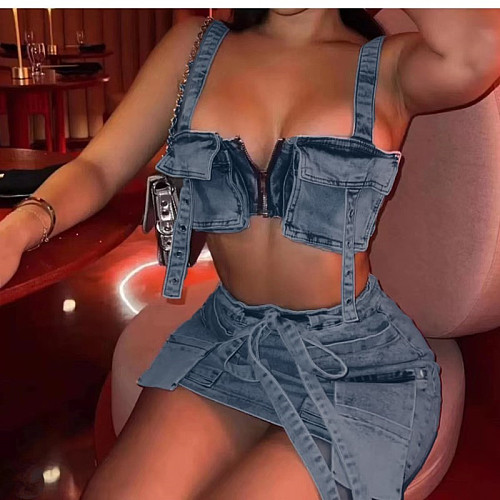 Sexy Women Straps Crop Top And Mini Skirts 2 Piece Set MEM-88523