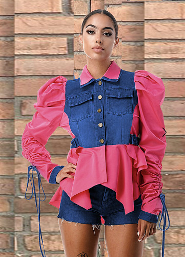 Denim Patchwork Puff Sleeve Streetwear Blouse Tops ZAND-31259