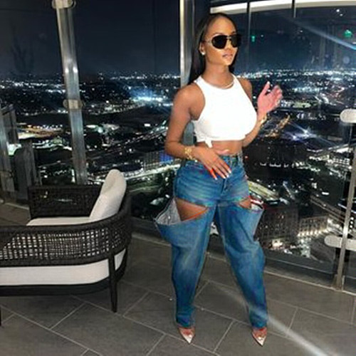 Women Fashion Stretch Blue Long Jeans MEM-88522