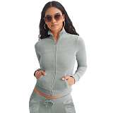 Fashion Women Solid Color Stand Collar Zipper Two Pieces Suit YD-8784-E6