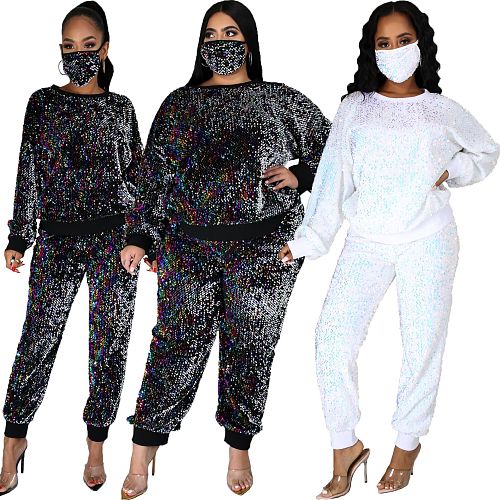 Fashion Sequined Women Tops And Long Pants Large Size Suits (with Facemask) BER-7077